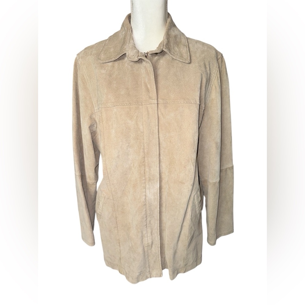 AMI Beige Suede Leather Zip-Up Jacket Women Large Satin Lining #236